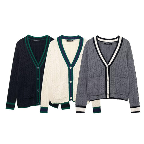 Knit jacket for women with V-neck and decorative cable patterns Lune London