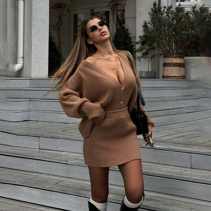 Knitted set for women with deep V-neck and button detail Lune London