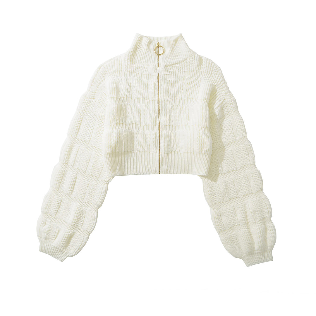 Cropped knitted jacket for ladies with decorative zipper and voluminous sleeves Lune London