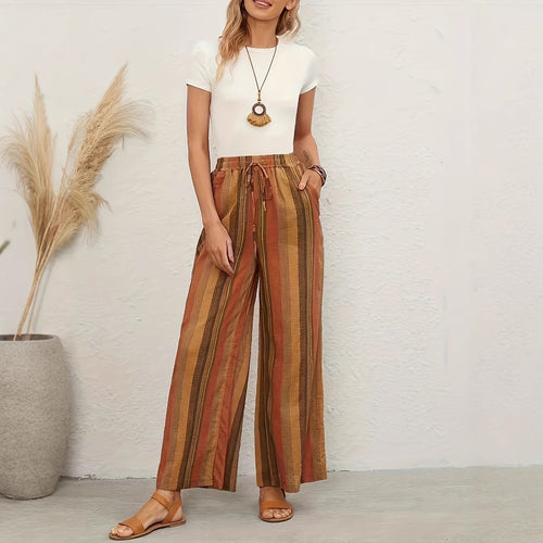 Wide striped pants for women with elastic waist and practical tie belt Lune London