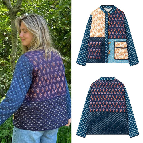 Ladies patchwork quilted jacket with elaborate patterns and practical pockets Lune London
