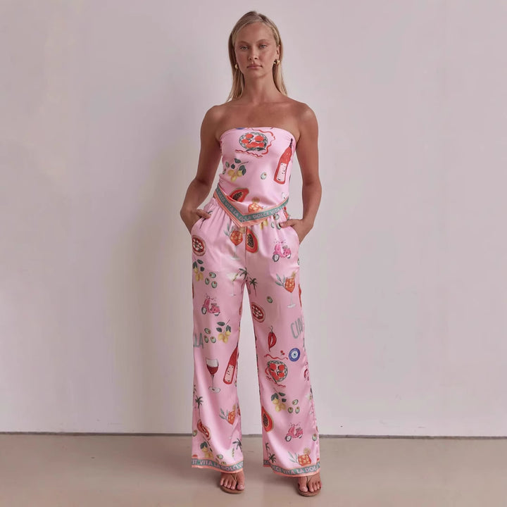 Women's jumpsuit with playful tropical patterns and elastic top Lune London