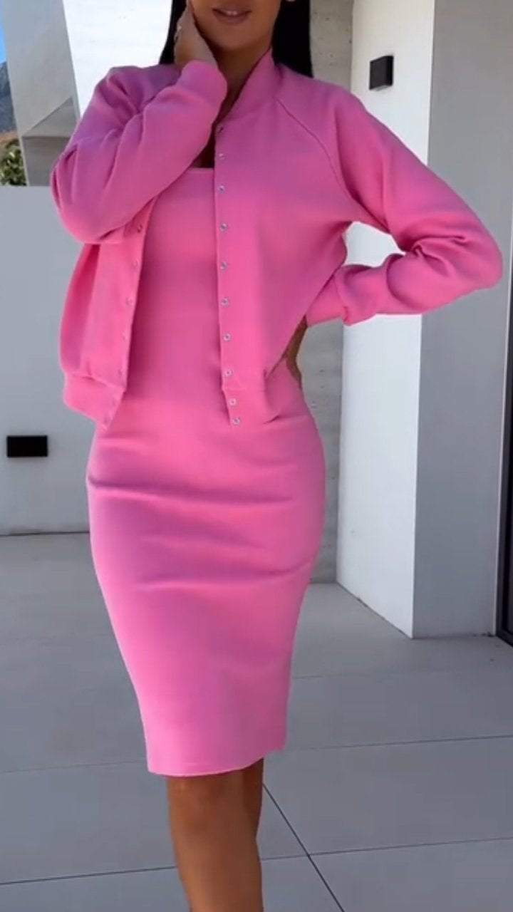 Women fashionable sweatshirt dress and chic jacket