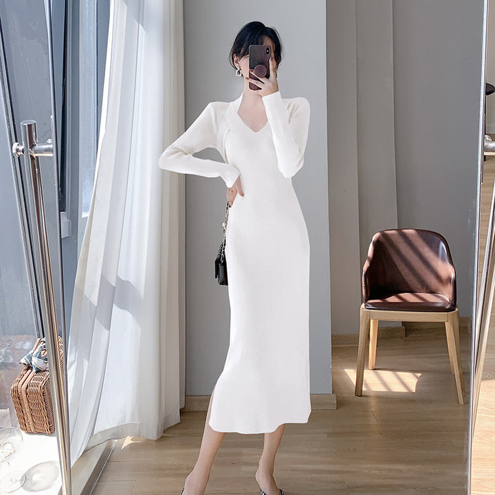 Robe longue à manches longues pour femmes avec décolleté en V et fente latérale Chic & Stil