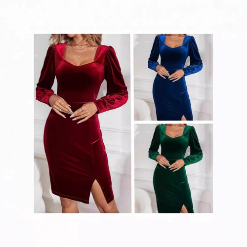 Velvet dress for women with elegant V-neckline and puff sleeves Lune London