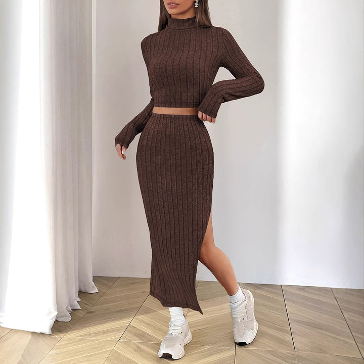 Striped midi dress for women with high collar and slit Lune London