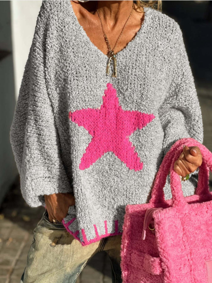 Women's knitted sweater with V-neck and striking star pattern Lune London