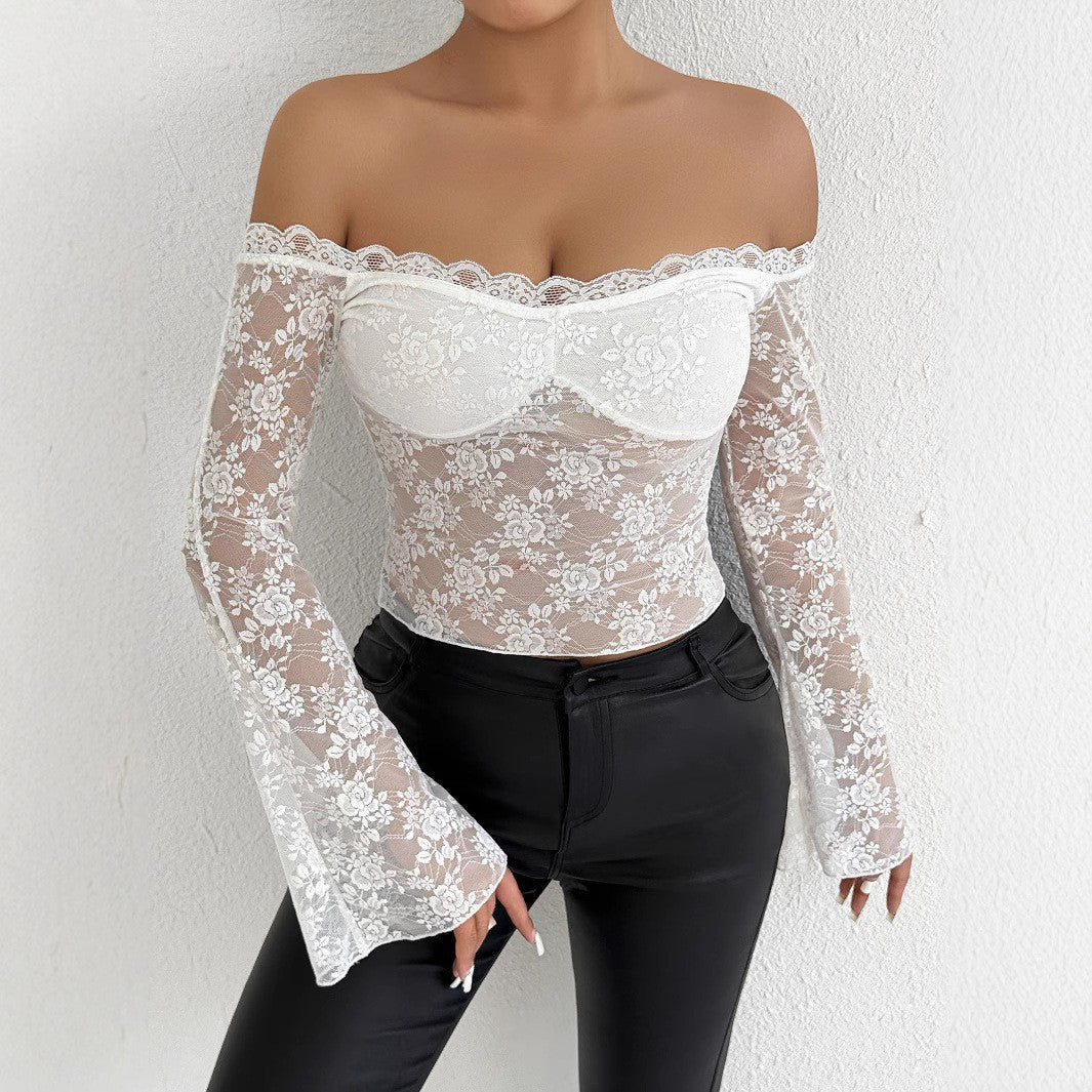 Women’s lace top with off-shoulder design and elegant trumpet sleeves Lune London