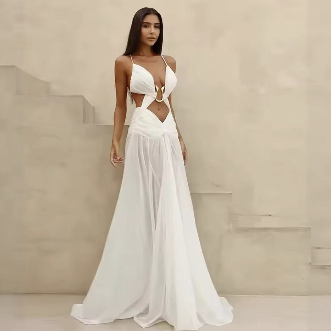 Maxi dress for women with a playful ruffle design and an elegant opening at the back Lune London