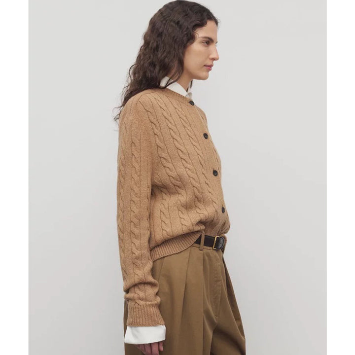 Ladies chunky knit cardigan with decorative cable pattern and button placket Lune London