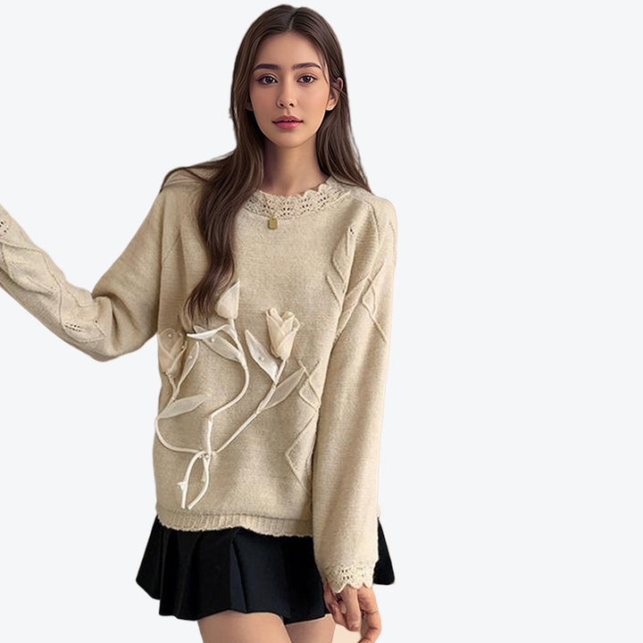 Ladies elegant knit sweater with floral appliqués Lune London