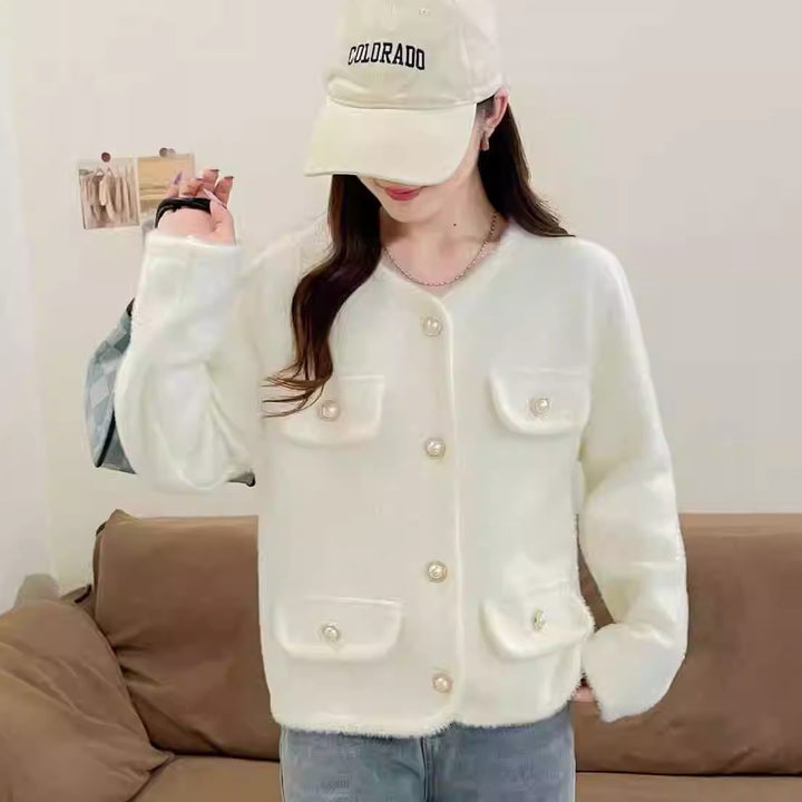Women Plush Cardigan with Decorative Button Details and Practical Pockets Lune London