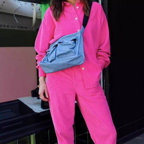 Casual ribbed velvet set for women with button placket and practical pockets Lune London