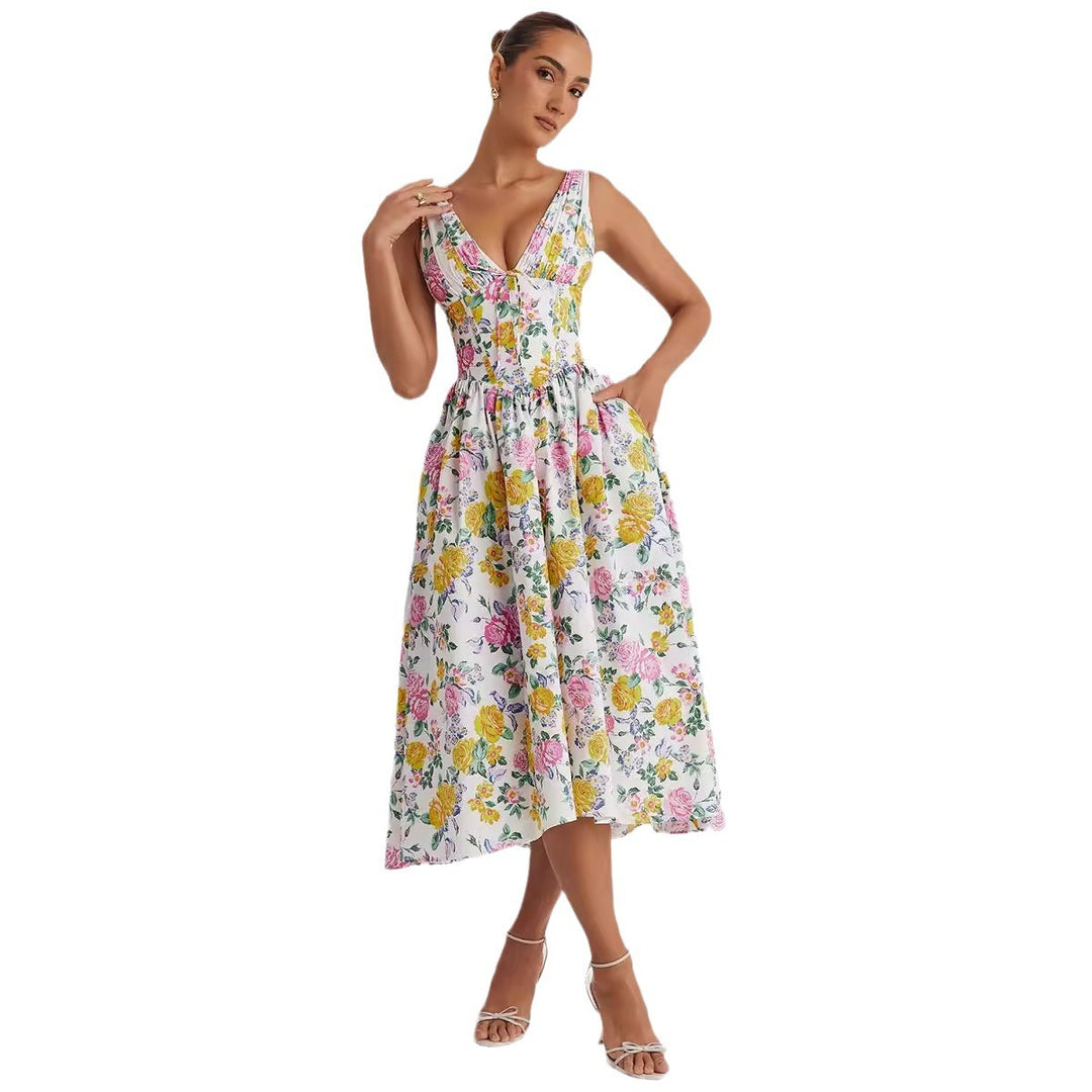Midi dress for women with floral pattern and elegant V neck Chic & Stil