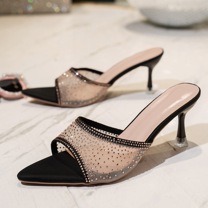 Open-toe women's mules with rhinestone decoration Lune London