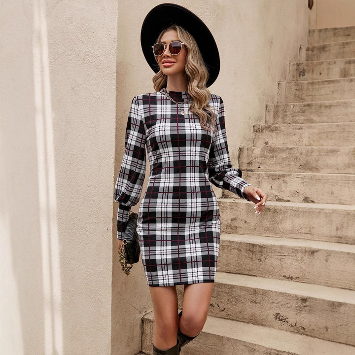 Fitted checkered dress for women with high collar and puffed sleeves Lune London