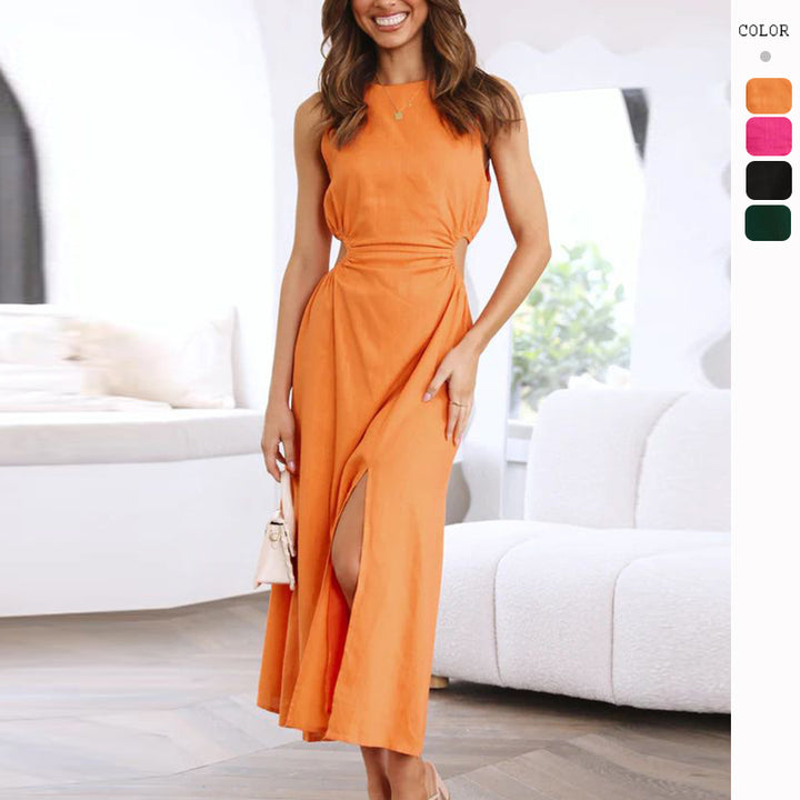 Elegant midi dress for women with high side slit and tasteful ruffle element Chic & Stil