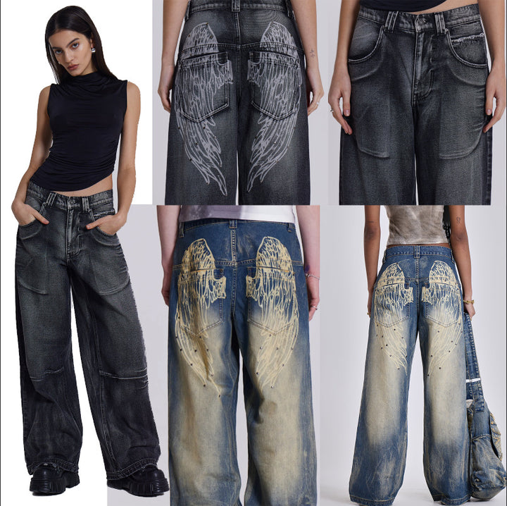 Women's wide jeans with artistic wing design and unique details Lune London
