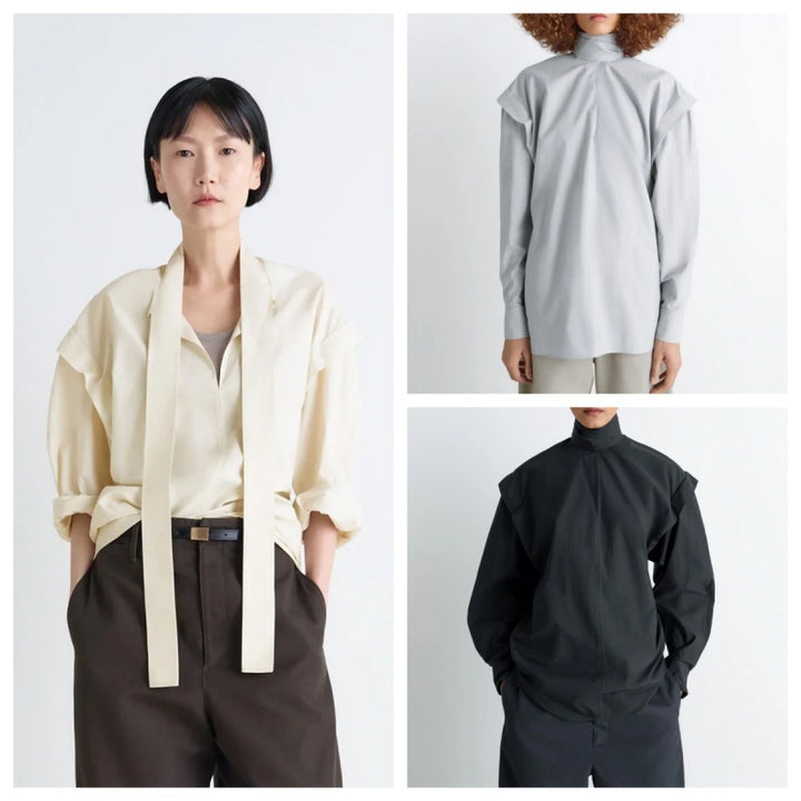 Elegant long sleeve top for women with high collar and modern ruffled sleeves Lune London