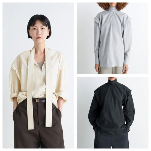 Elegant long sleeve top for women with high collar and modern ruffled sleeves Lune London