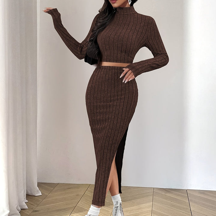 Striped midi dress for women with high collar and slit Lune London