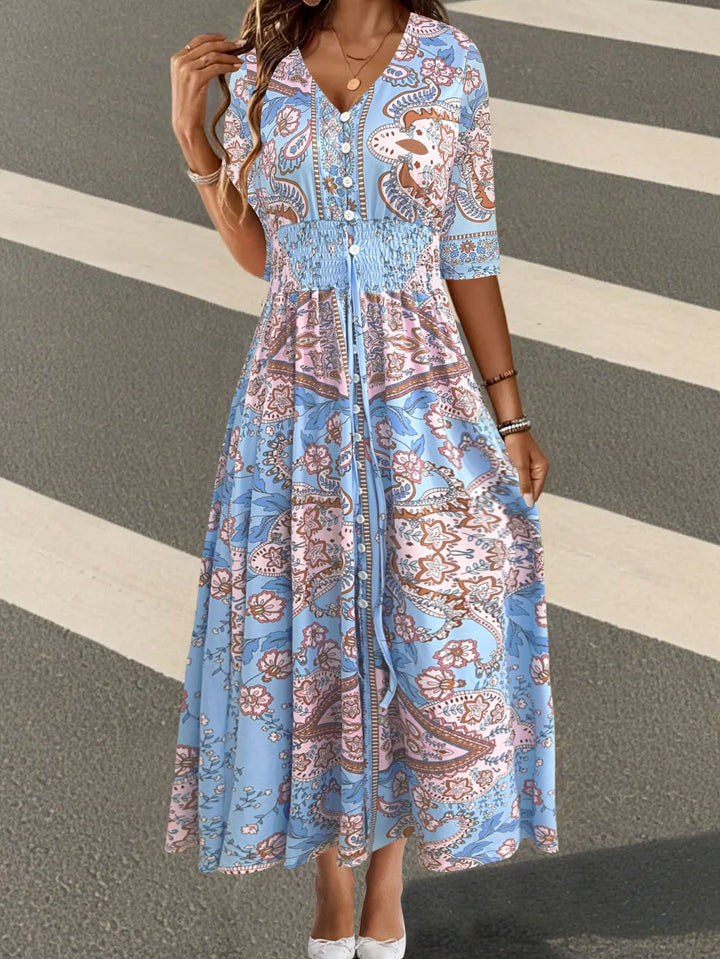 Maxi dress for ladies with paisley floral pattern and flattering V-neck Lune London