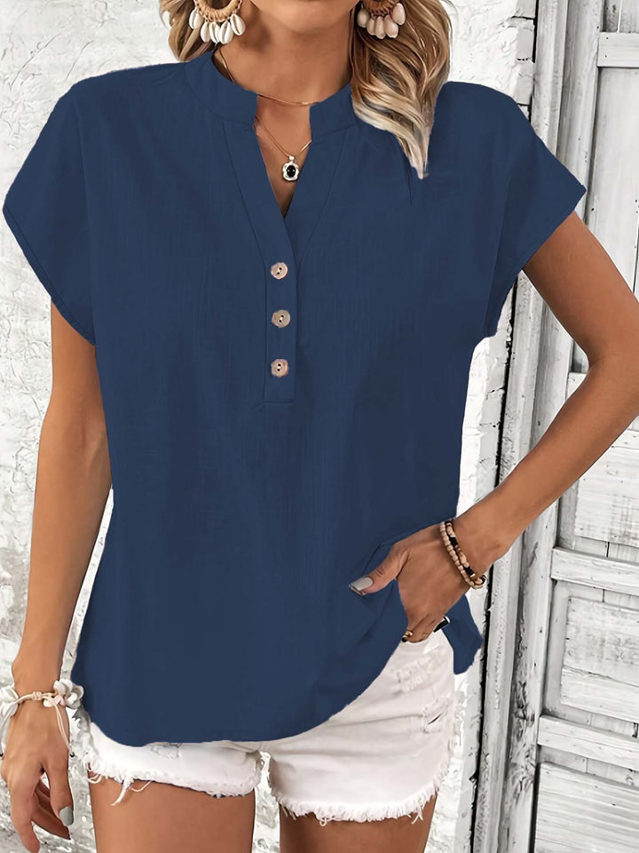 Women highly stylish short sleeve t-shirt with button details and trendy high collar Lune London