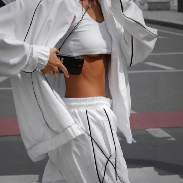 Ladies Oversized Sport Jacket with Loose Pants and Chic Breathable Top