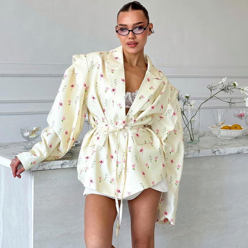 Ladies Elegant Blazer Jacket with Floral Design and Chic Waist Belt