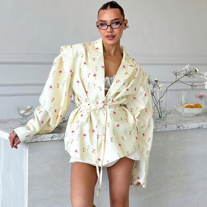 Ladies Elegant Blazer Jacket with Floral Design and Chic Waist Belt