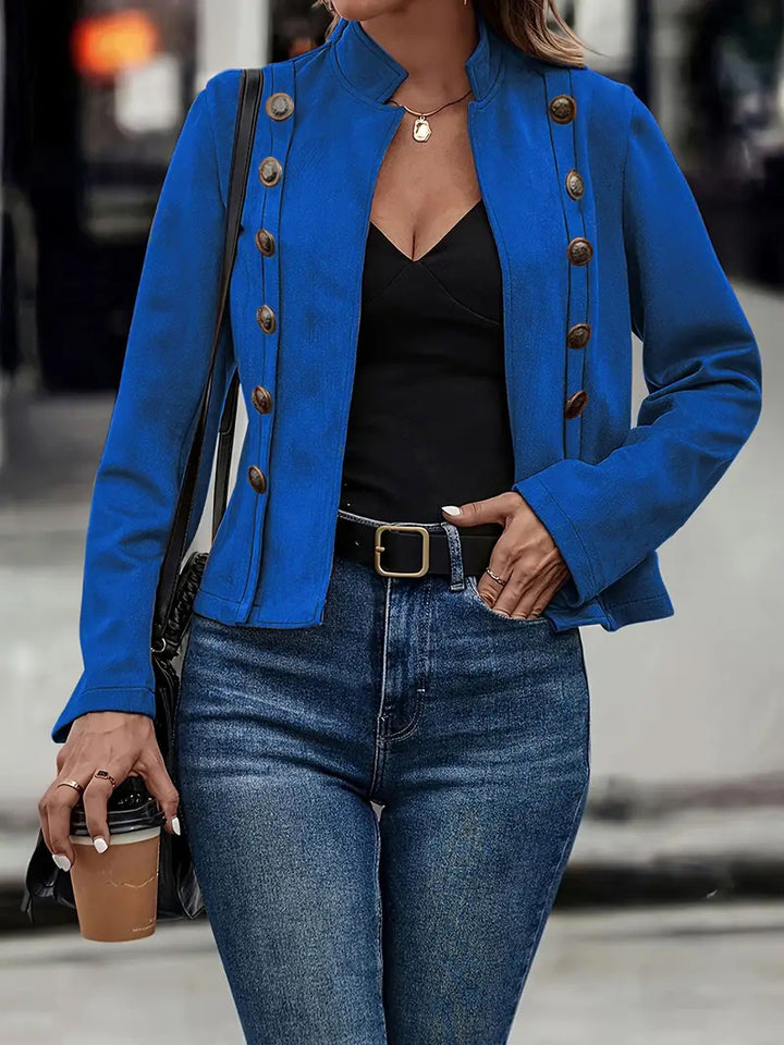 Trendy short women's jacket with classic stand collar and decorative button details Lune London