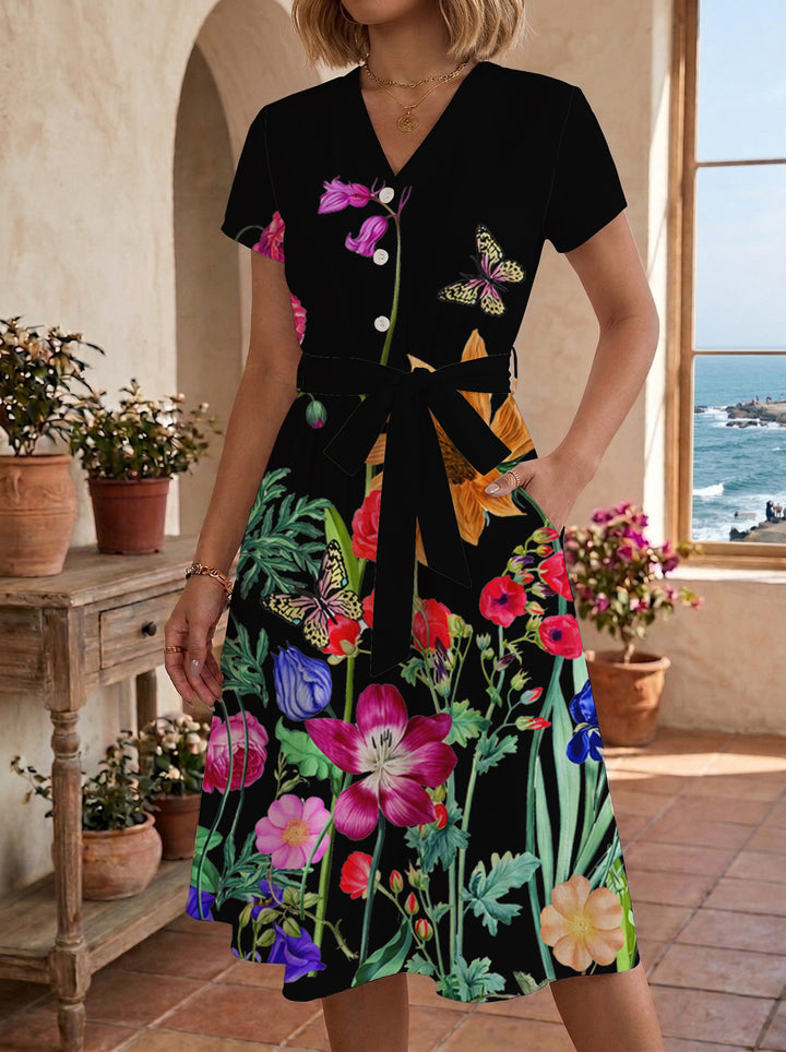 Women's Blooming Midi Dress with Adjustable Belt and Artistic Print Lune London