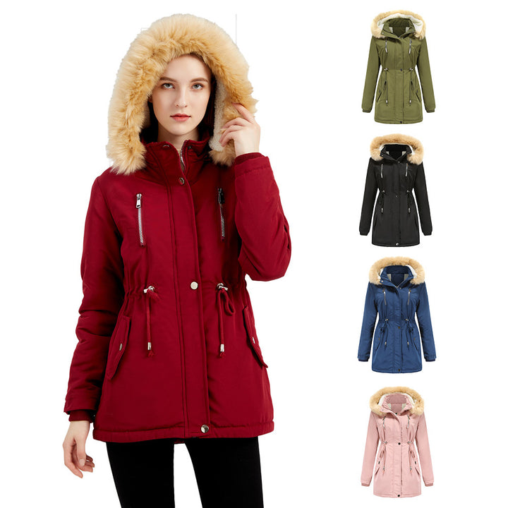 Veste de plein air pour femmes à la mode avec col en fausse fourrure amovible et cordon de taille élastique Lune London