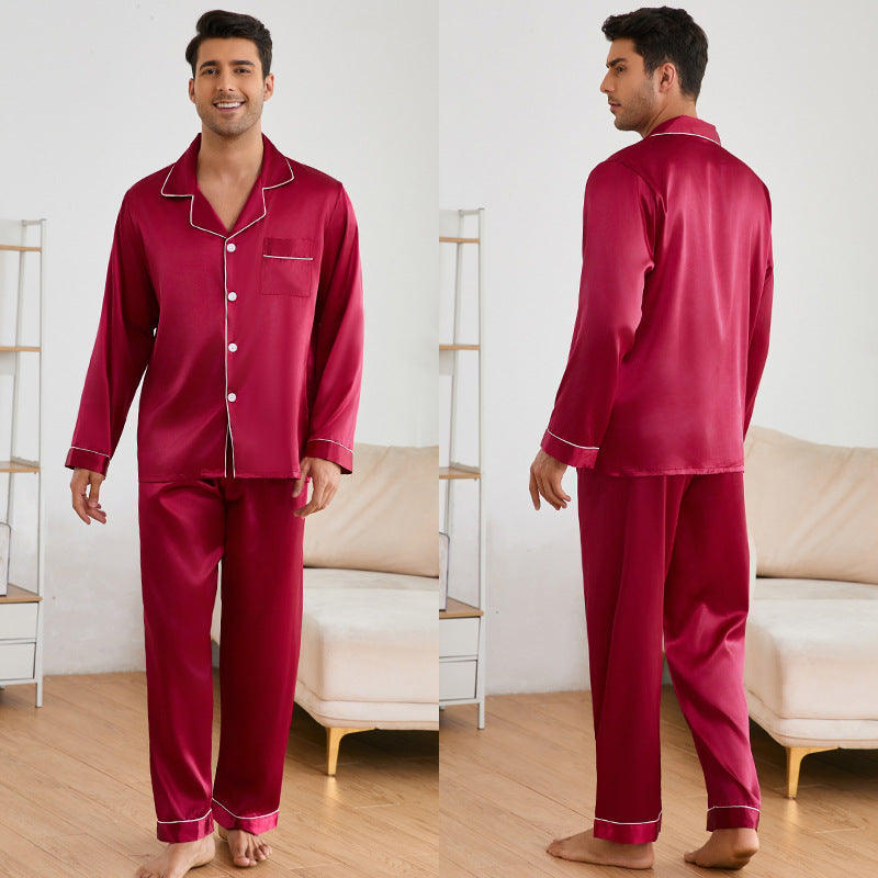 Men's Satin Pajama Set with Classic Collar and Elegant Contrast Stitching Lune London