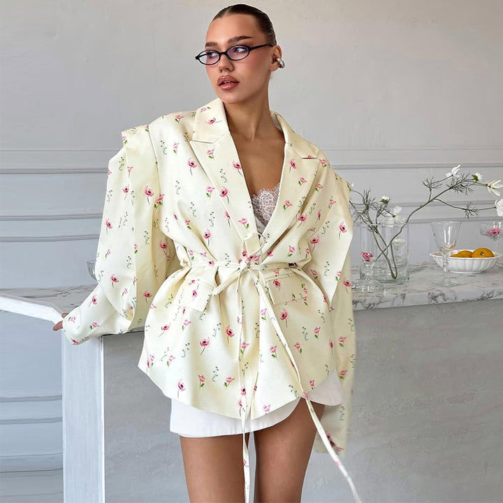Ladies Elegant Blazer Jacket with Floral Design and Chic Waist Belt