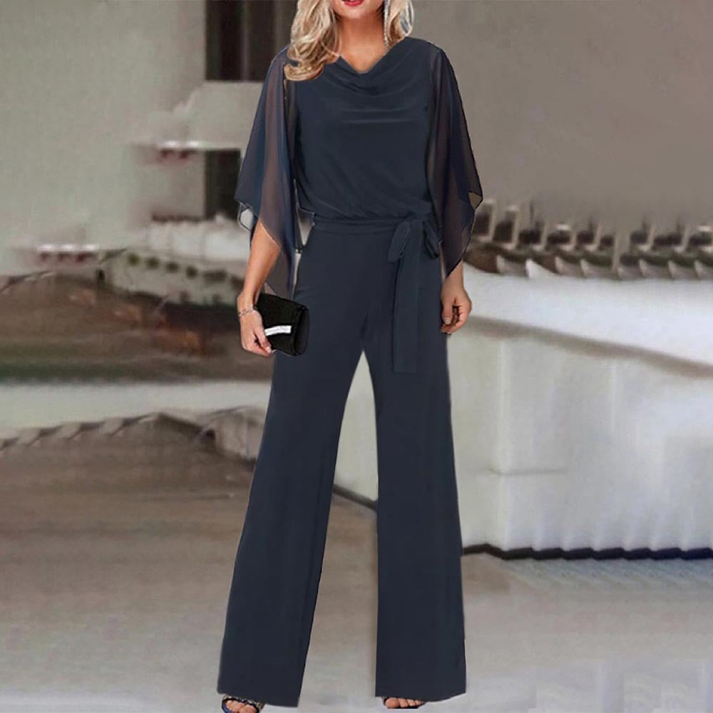 Women’s Wide-Leg Jumpsuit with Cascading Neckline & Lace-Up Waist | Lune London