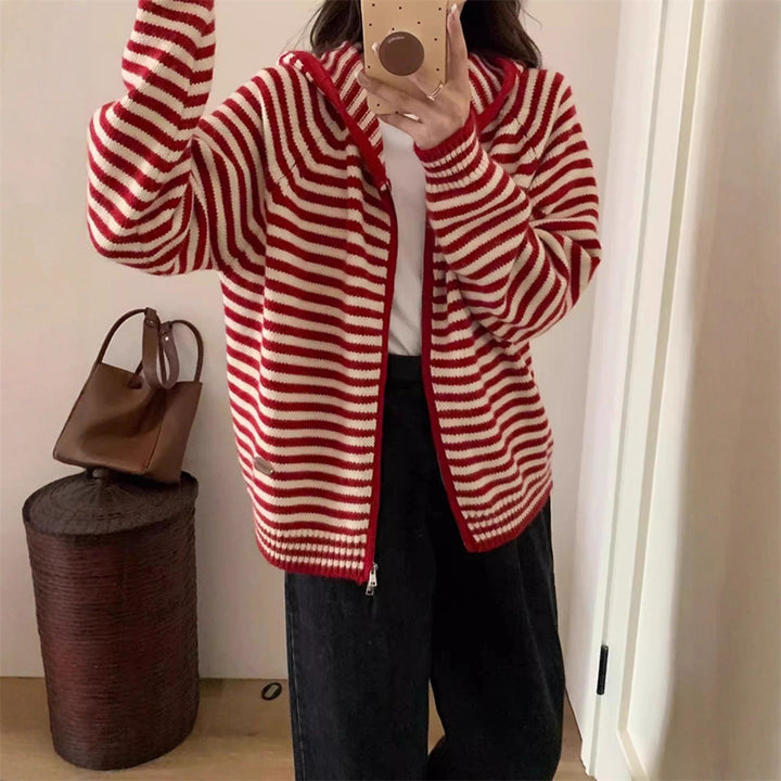 Ladies Striped Hoodie with Practical Zipper Closure and Chic Side Pockets Style
