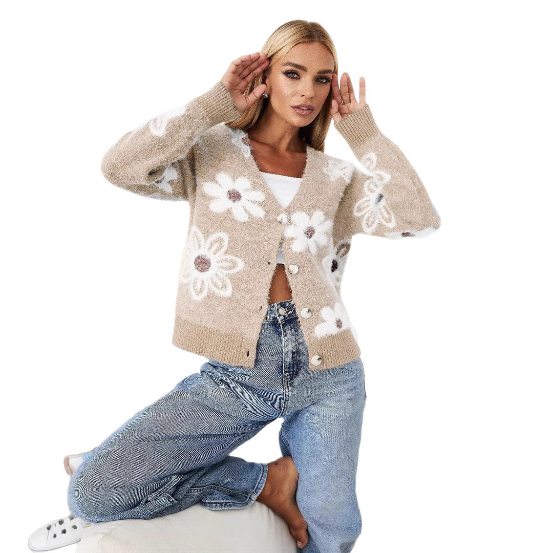 Ladies Cozy Sweater with Floral Pattern and Decorative Buttons Lune London