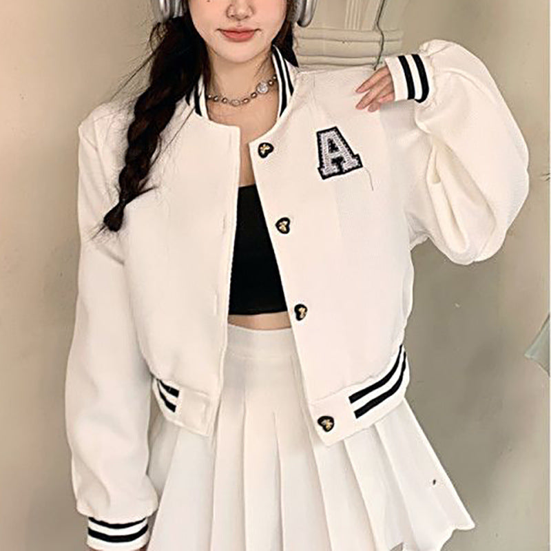 Ladies college jacket with embroidered emblem and contrasting patches Lune London