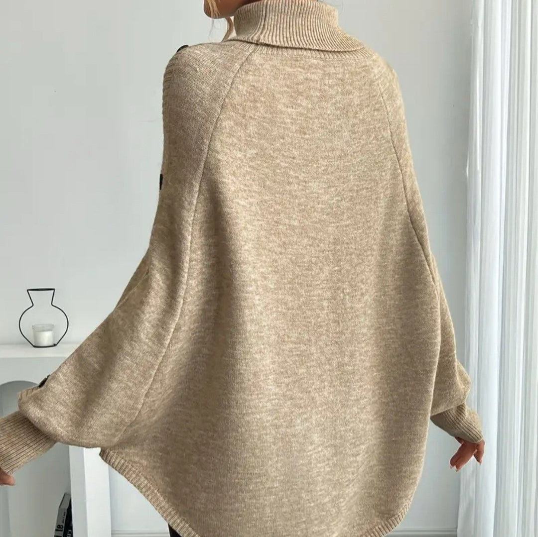 Ladies Elegant Knitted Poncho with Roll Neck and Chic 3D Pattern