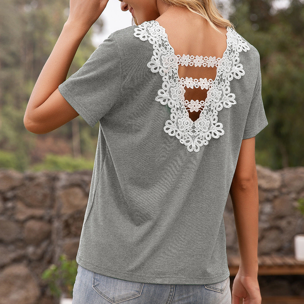 Women's T-shirt with lace detail and V-neck Lune London