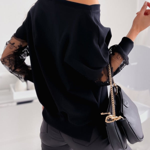 Women Off-Shoulder Sweatshirt with Lace Sleeves Lune London