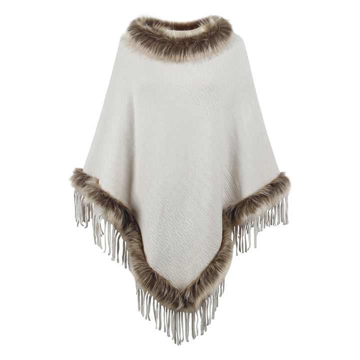 Ladies elegant poncho with luxurious faux fur collar and decadent fringes Lune London