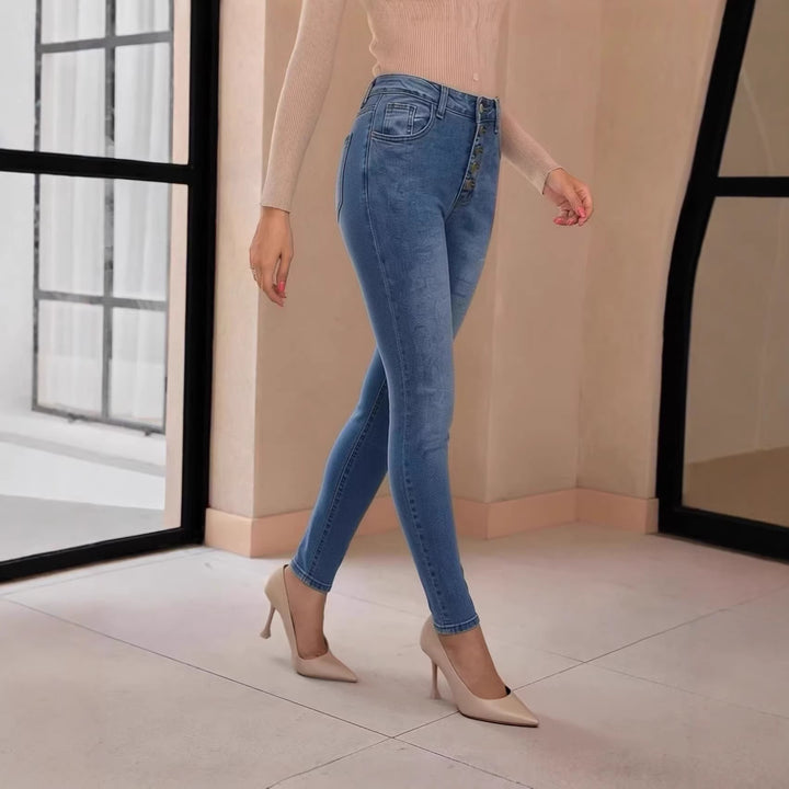 Women's Slim-Fit Jeans with Elegant Button Placket and High Waist Lune London
