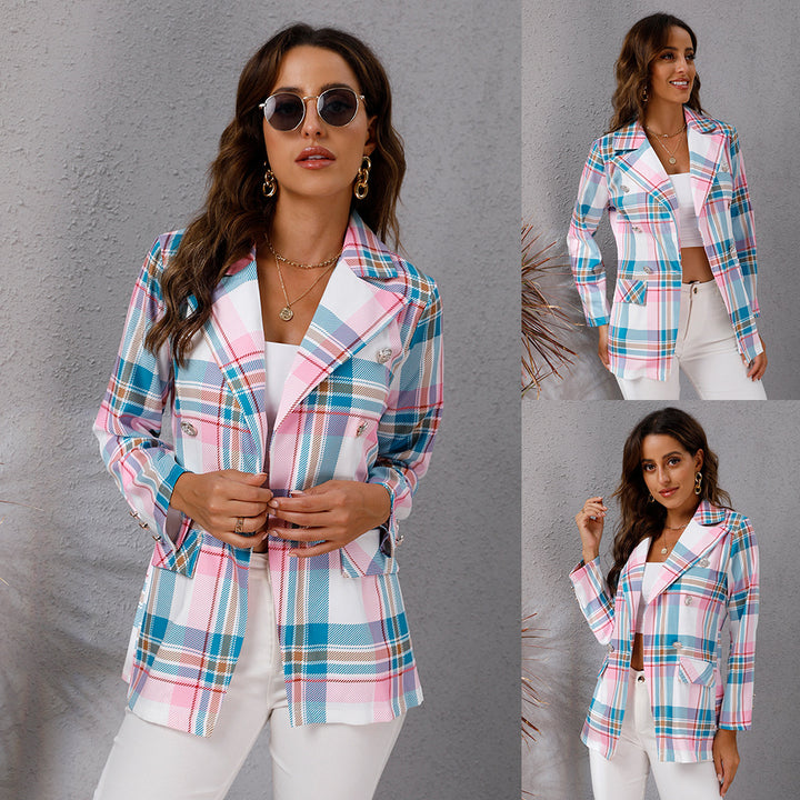 Plaid women's blazer with double button closure Lune London