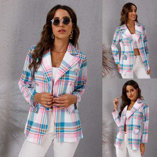 Plaid women's blazer with double button closure Lune London