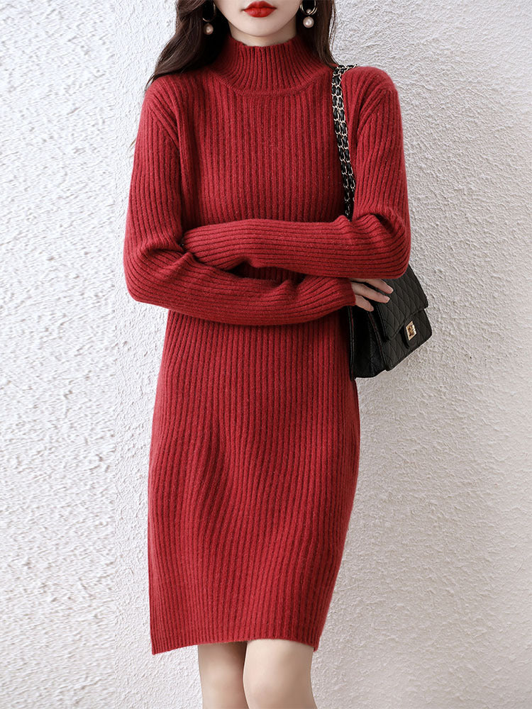 Women's knitted dress with elegant ribbed design and high collar Lune London