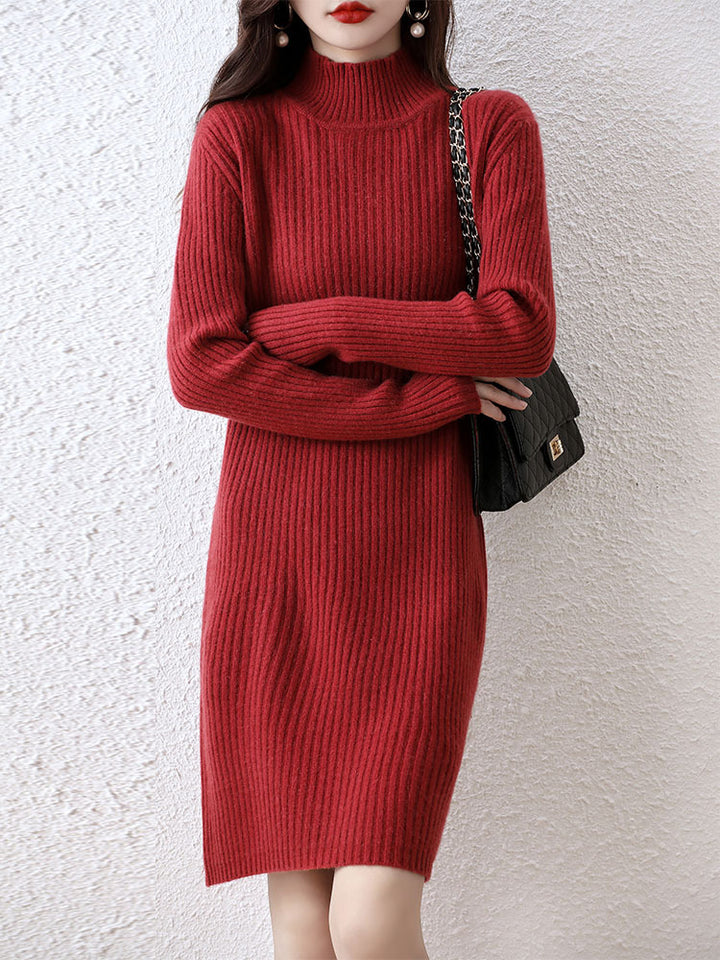 Women's knitted dress with elegant ribbed design and high collar Lune London
