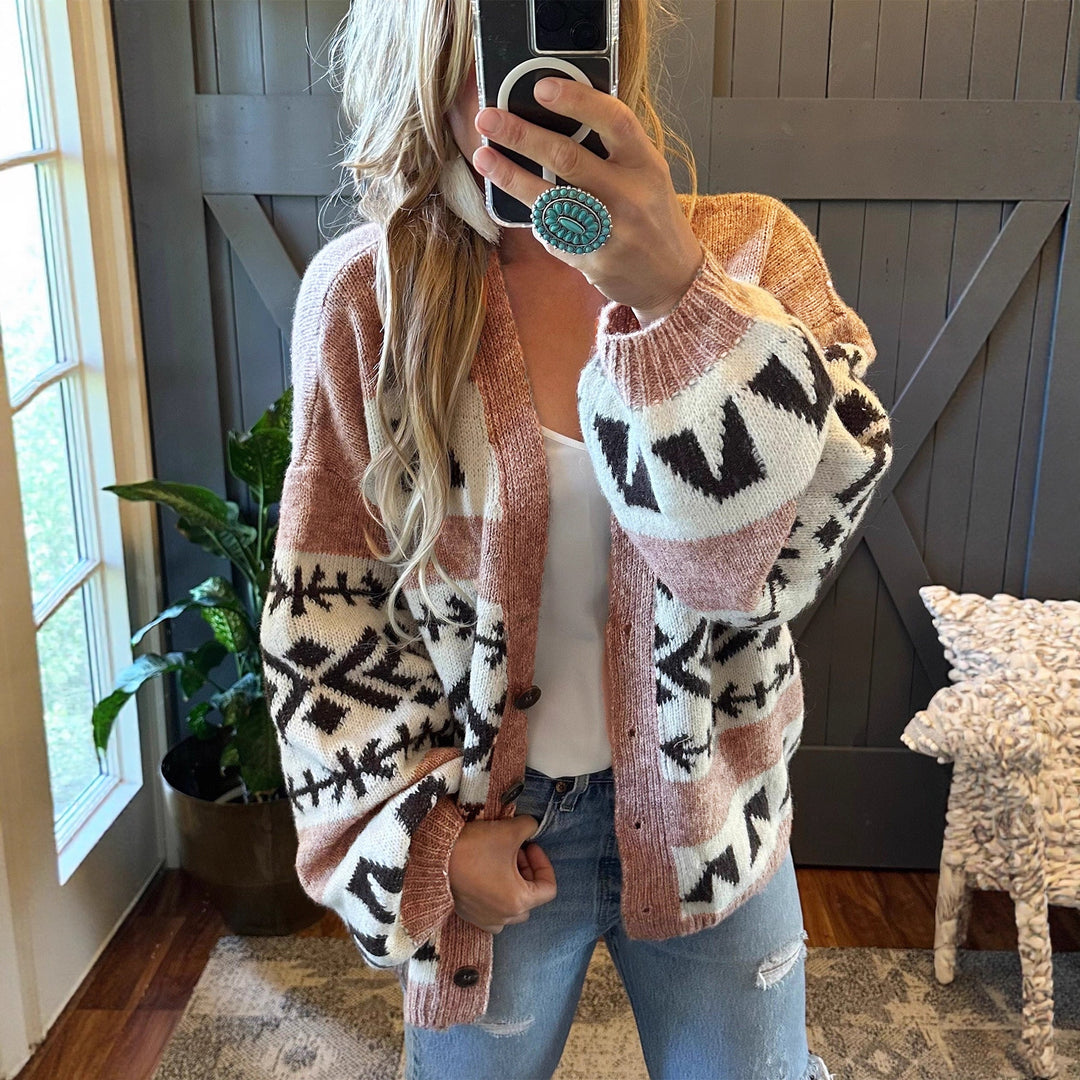 Comfortable knitted jacket for women with decorative ethnic pattern and open cut Lune London