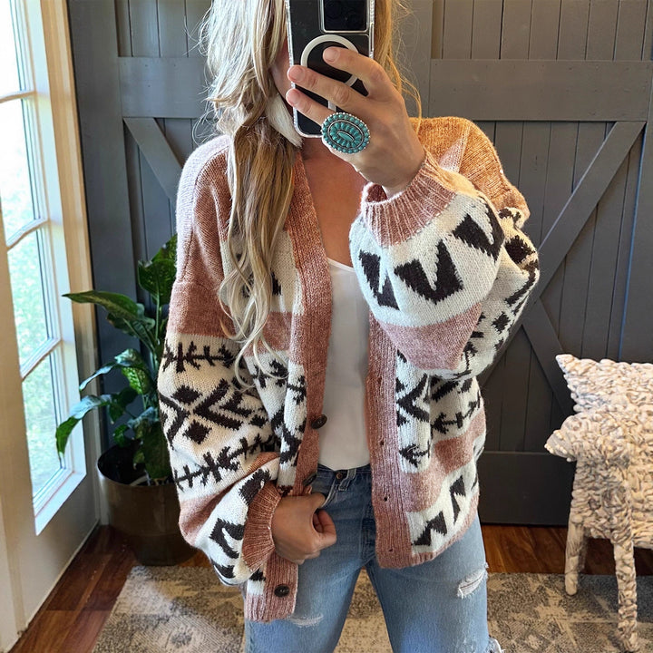 Comfortable knitted jacket for women with decorative ethnic pattern and open cut Lune London